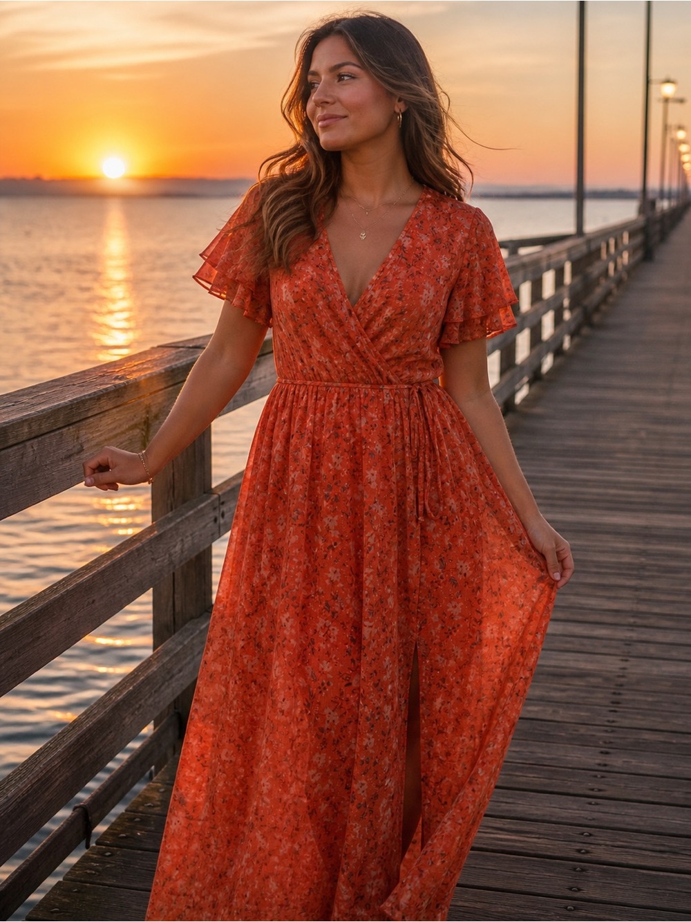 French Connection Orange Floral Wrap Maxi Dress with Flutter Sleeves